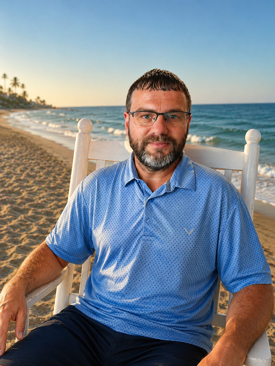 Professional portrait of Moses Scarberry seated at the beach